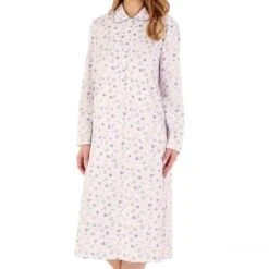 Floral Motif Long Sleeve Collar Cotton Nightdress - ND88127