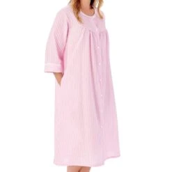 Seersucker 3/4 Sleeve Popper Front Gathered Yoke 45 Inch Housecoat - HC01227