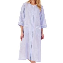 Seersucker 3/4 Sleeve Popper Front 45 Inch Housecoat - HC01226