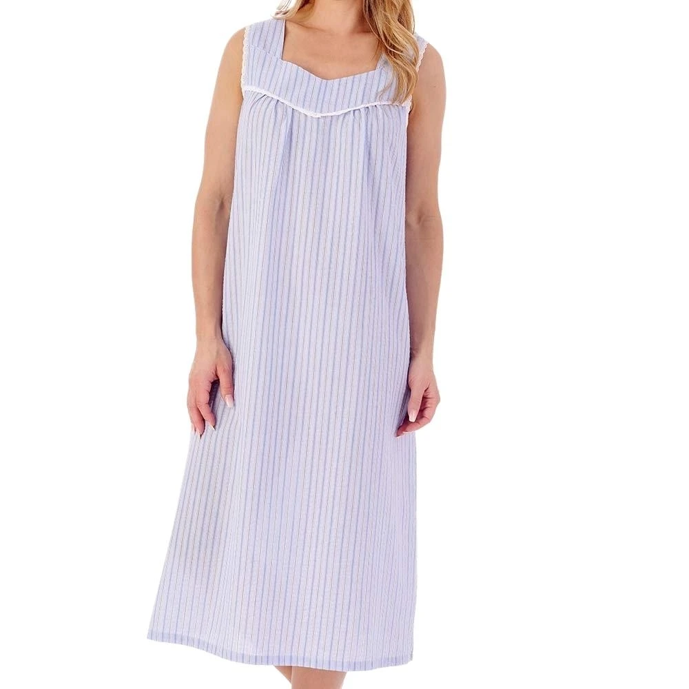 Seersucker Broad Strap Gathered Yoke 46 Inch Nightdress - ND01222 3 Seersucker Broad Strap Gathered Yoke 46 Inch Nightdress - ND01222 - Image 3