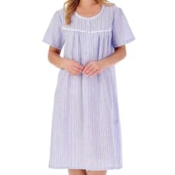 Seersucker Short Sleeve Buttoned Top 42 Inch Nightdress - ND01221