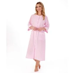 Seersucker 3/4 Sleeve Popper Front 45 Inch Housecoat - HC01226 -Outlet Comfort Soft Cup Bra Store img037519