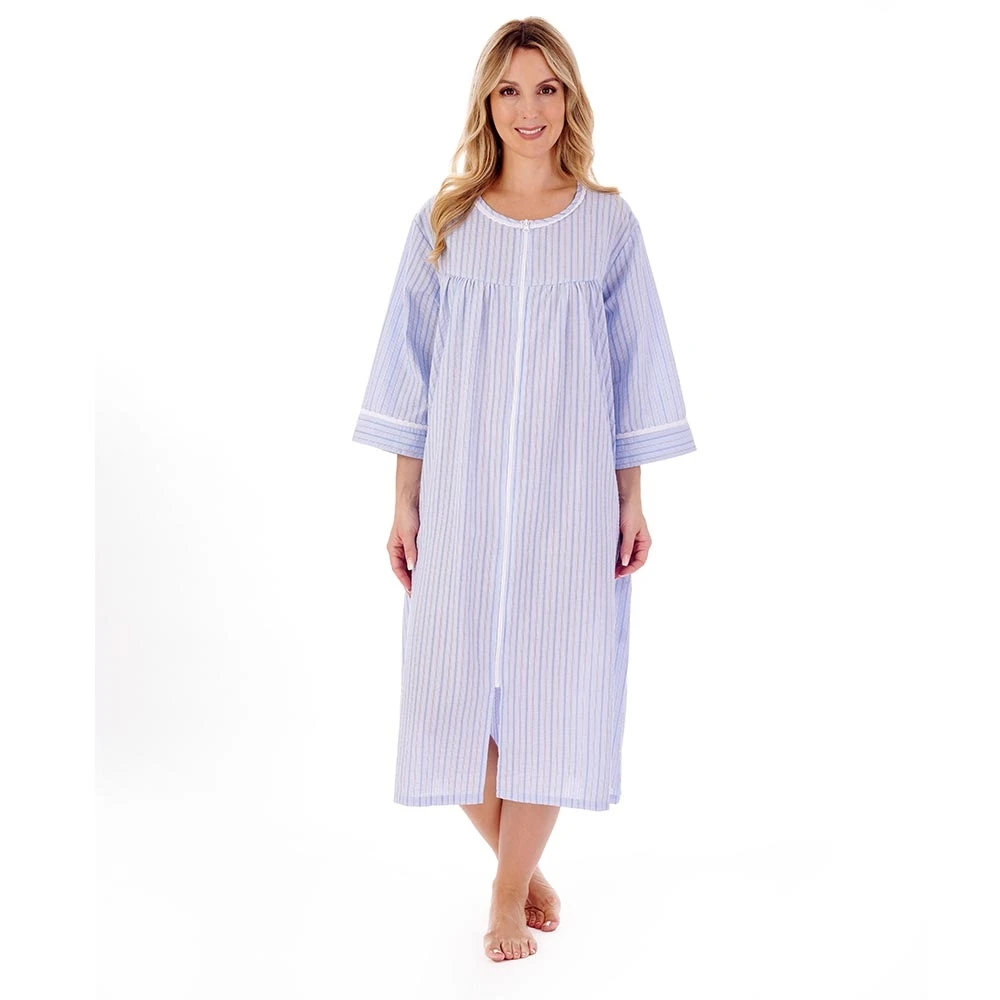 Seersucker Zip Front Gathered Yoke 45 Inch Housecoat - HC01229 2 Seersucker Zip Front Gathered Yoke 45 Inch Housecoat - HC01229 - Image 2