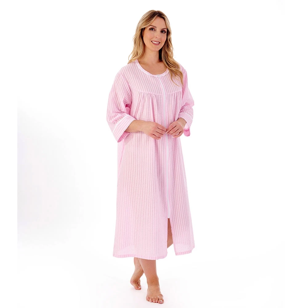 Seersucker Zip Front Gathered Yoke 45 Inch Housecoat - HC01229 5 Seersucker Zip Front Gathered Yoke 45 Inch Housecoat - HC01229 - Image 5