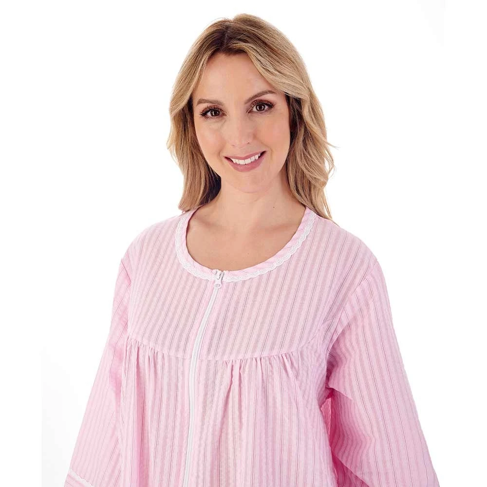 Seersucker Zip Front Gathered Yoke 45 Inch Housecoat - HC01229 6 Seersucker Zip Front Gathered Yoke 45 Inch Housecoat - HC01229 - Image 6