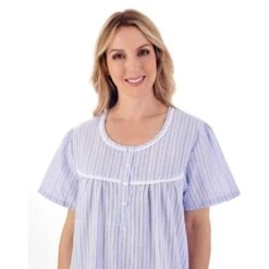 Seersucker Short Sleeve Buttoned Top 42 Inch Nightdress - ND01221 -Outlet Comfort Soft Cup Bra Store img037540