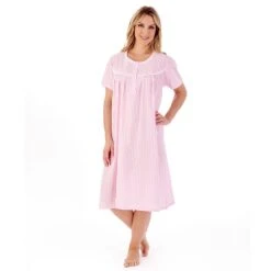 Seersucker Short Sleeve Buttoned Top 42 Inch Nightdress - ND01221 -Outlet Comfort Soft Cup Bra Store img037542
