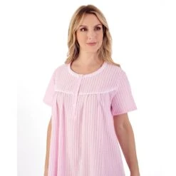 Seersucker Short Sleeve Buttoned Top 42 Inch Nightdress - ND01221 -Outlet Comfort Soft Cup Bra Store img037543