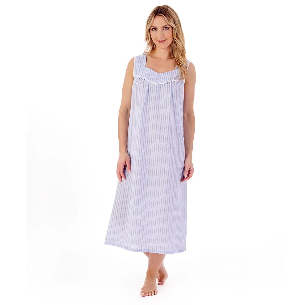 Seersucker Broad Strap Gathered Yoke 46 Inch Nightdress - ND01222 4 Seersucker Broad Strap Gathered Yoke 46 Inch Nightdress - ND01222 - Image 4