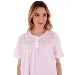 Classic Embroidered Yoke Short Sleeve 45 Inch Cotton Nightdress - ND3270 -Outlet Comfort Soft Cup Bra Store img037603