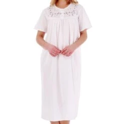 Classic Embroidered Yoke Short Sleeve 45 Inch Cotton Nightdress - ND3270