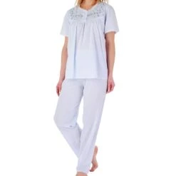 Classic Embroidered Yoke Short Sleeve Cotton Pyjamas - PJ3271