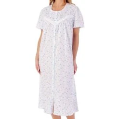 Periwinkle Short Sleeve Button Through 46 Inch Cotton Nightdress - ND01208 -Outlet Comfort Soft Cup Bra Store img037654