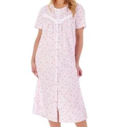 Periwinkle Short Sleeve Button Through 46 Inch Cotton Nightdress - ND01208