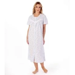 Periwinkle Short Sleeve Button Through 46 Inch Cotton Nightdress - ND01208 -Outlet Comfort Soft Cup Bra Store img038282