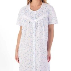 Periwinkle Short Sleeve Button Through 46 Inch Cotton Nightdress - ND01208 -Outlet Comfort Soft Cup Bra Store img038283