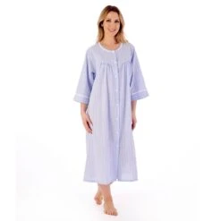 Seersucker 3/4 Sleeve Popper Front Gathered Yoke 45 Inch Housecoat - HC01227 -Outlet Comfort Soft Cup Bra Store img040048