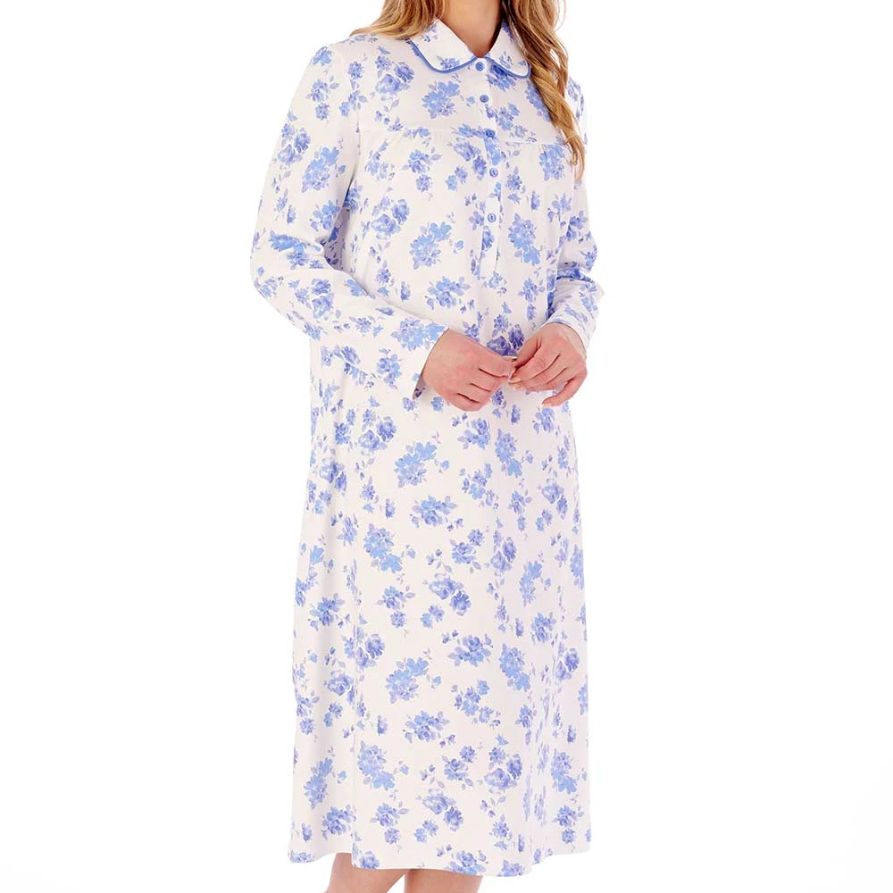 Floral Print Interlock Long Sleeve Buttoned Top Cotton 45 Inch Nightdress - ND02127 3 Floral Print Interlock Long Sleeve Buttoned Top Cotton 45 Inch Nightdress - ND02127 - Image 3