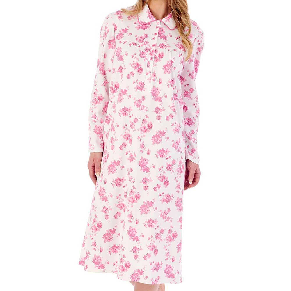 Floral Print Interlock Long Sleeve Buttoned Top Cotton 45 Inch Nightdress - ND02127 1 Floral Print Interlock Long Sleeve Buttoned Top Cotton 45 Inch Nightdress - ND02127