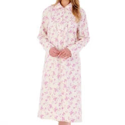 Floral Brushed Cotton Buttoned Top Collar 45 Inch Nightdress - ND02211