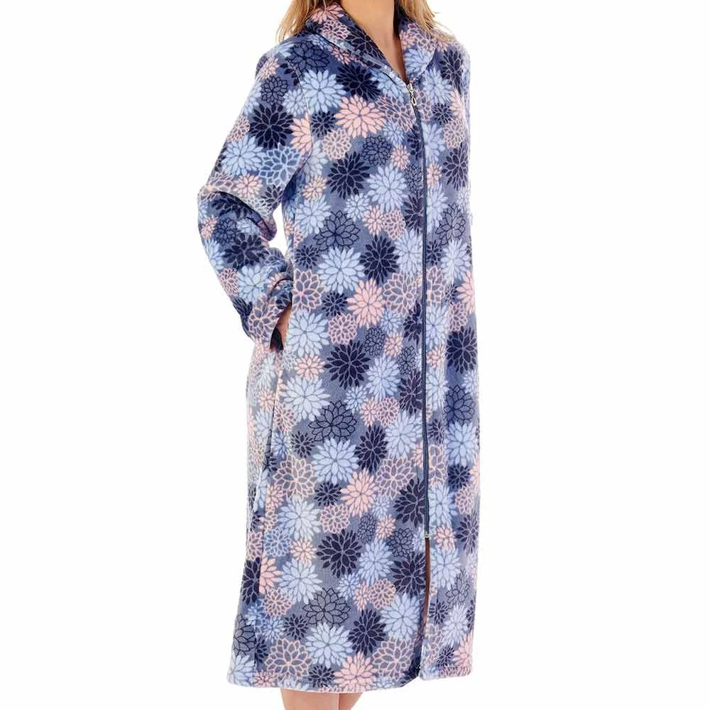 Bold Floral Flannel Fleece Zip Opening 46 Inch Housecoat - HC02312 3 Bold Floral Flannel Fleece Zip Opening 46 Inch Housecoat - HC02312 - Image 3