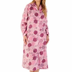 Bold Floral Flannel Fleece Zip Opening 46 Inch Housecoat - HC02312