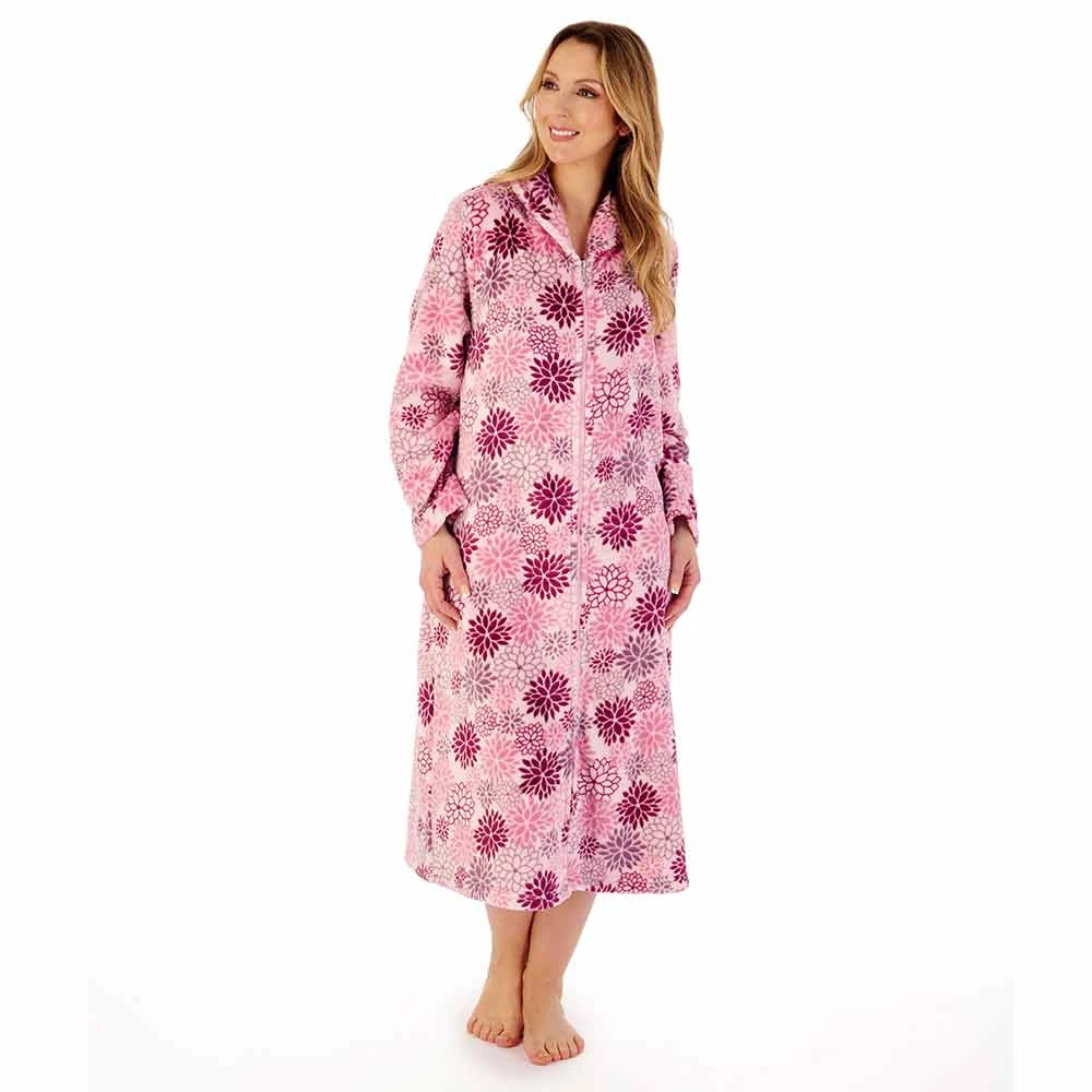 Bold Floral Flannel Fleece Zip Opening 46 Inch Housecoat - HC02312 2 Bold Floral Flannel Fleece Zip Opening 46 Inch Housecoat - HC02312 - Image 2