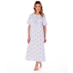 Spring Garden Short Sleeve Buttoned Top Cotton 46 Inch Nightdress - ND02106 -Outlet Comfort Soft Cup Bra Store img040553