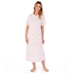 Spring Garden Short Sleeve Buttoned Top Cotton 46 Inch Nightdress - ND02106 -Outlet Comfort Soft Cup Bra Store img040555