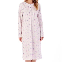 Spring Garden Long Sleeve Buttoned Top Cotton 42 Inch Nightdress - ND02107