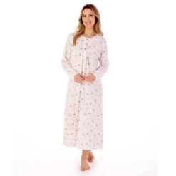 Spring Garden Long Sleeve Button Through Cotton 46 Inch Nightdress - ND02108 -Outlet Comfort Soft Cup Bra Store img040567